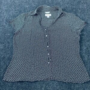 Talbots Petites 100% Pure Silk Blouse Navy Blue White Floral Button Up Shirt 12P